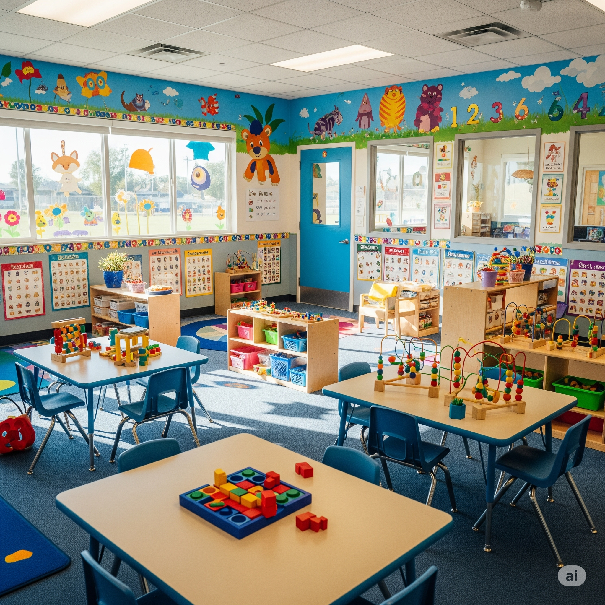 Sala de aula colorida com mesas e cadeiras pequenas